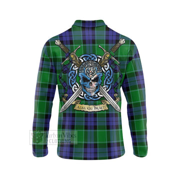 Haldane Tartan Long Sleeve Polo Shirt with Family Crest Celtic Skull Style - Tartan Vibes Clothing