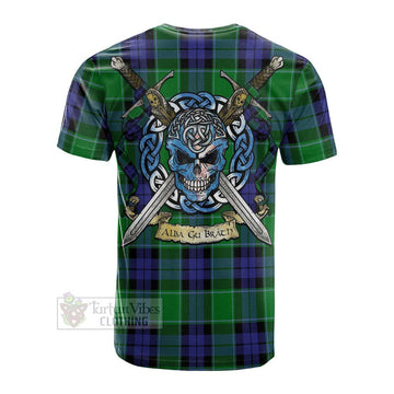 Tartan Vibes Clothing Haldane Tartan Cotton T-shirt with Family Crest Celtic Skull Style