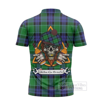 Haldane Tartan Zipper Polo Shirt with Family Crest and Bearded Skull Holding Bottles of Whiskey - Tartan Vibes Clothing