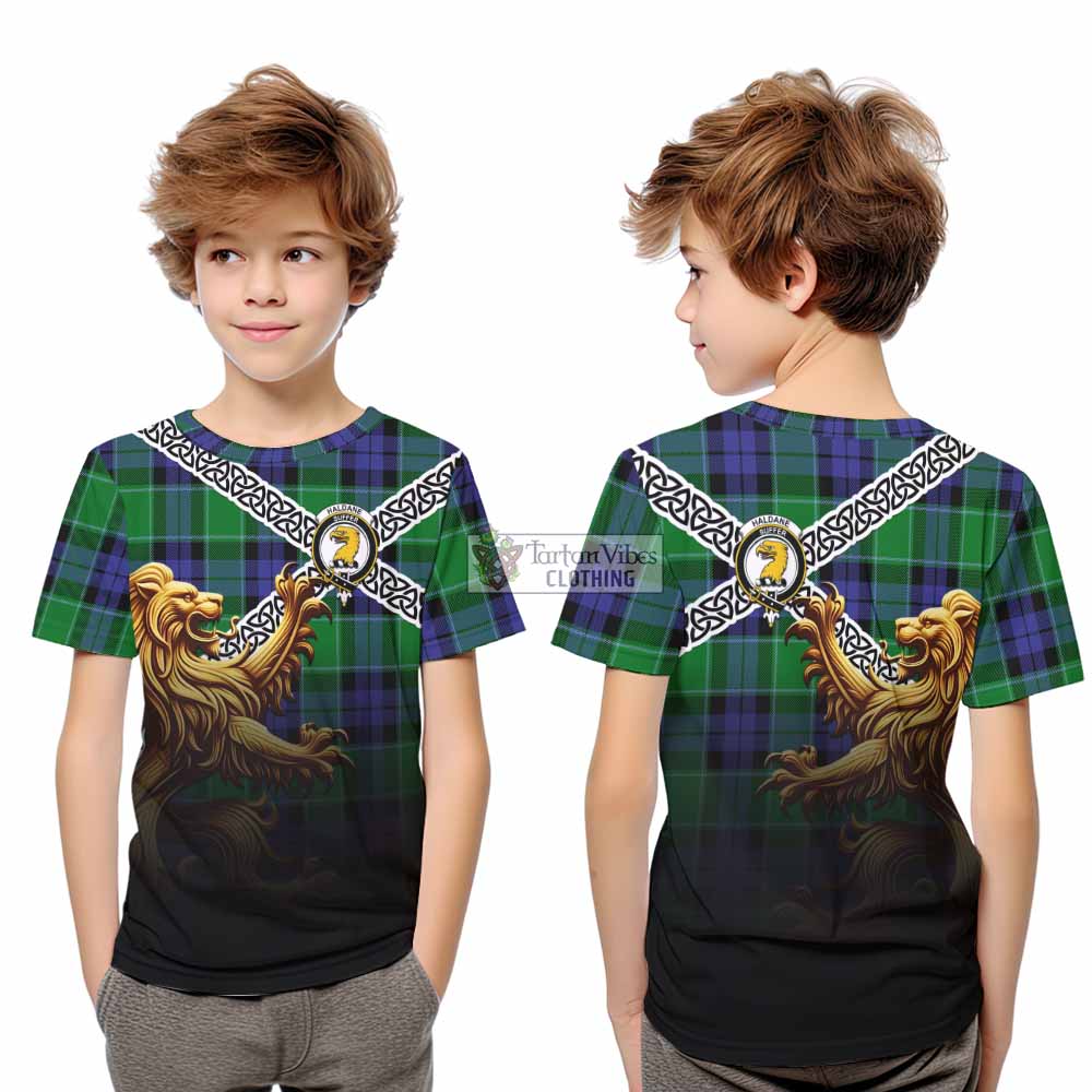 Haldane Crest Tartan Kid T-Shirt with Golden Lion Emblem Celtic Style - Tartan Vibes Clothing
