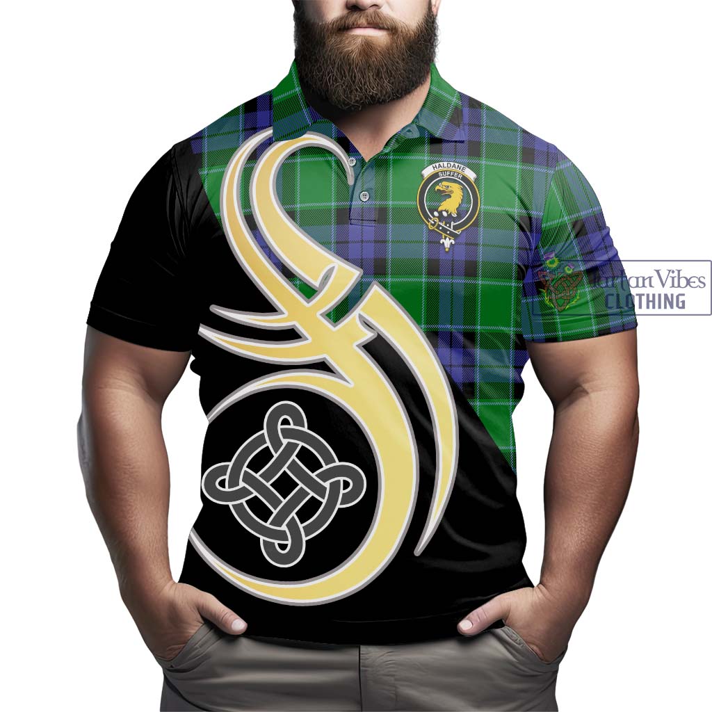 Haldane Tartan Polo Shirt with Family Crest and Celtic Symbol Style - Tartan Vibes Clothing