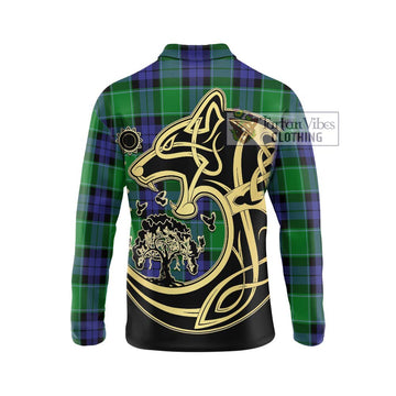 Haldane Tartan Long Sleeve Polo Shirt with Family Crest Celtic Wolf Style - Tartan Vibes Clothing