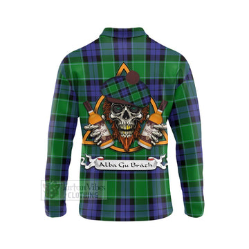 Haldane Tartan Long Sleeve Polo Shirt with Family Crest and Bearded Skull Holding Bottles of Whiskey - Tartan Vibes Clothing