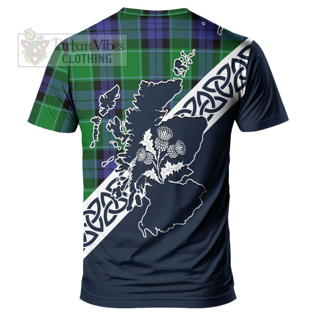 Haldane Tartan T-Shirt Featuring Thistle and Scotland Map - Tartanvibesclothing Store