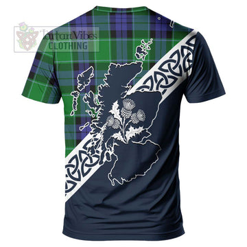Haldane Tartan T-Shirt Featuring Thistle and Scotland Map - Tartanvibesclothing Store