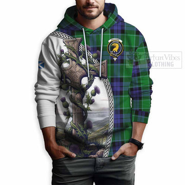 Haldane Tartan Hoodie with Family Crest and St. Andrew's Cross Accented by Thistle Vines - Tartan Vibes Clothing