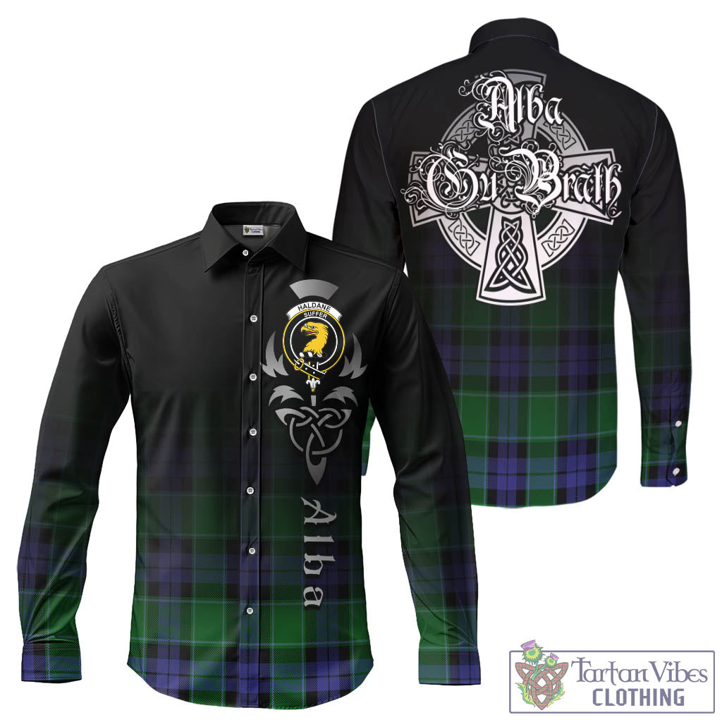 Tartan Vibes Clothing Haldane Tartan Long Sleeve Button Up Featuring Alba Gu Brath Family Crest Celtic Inspired