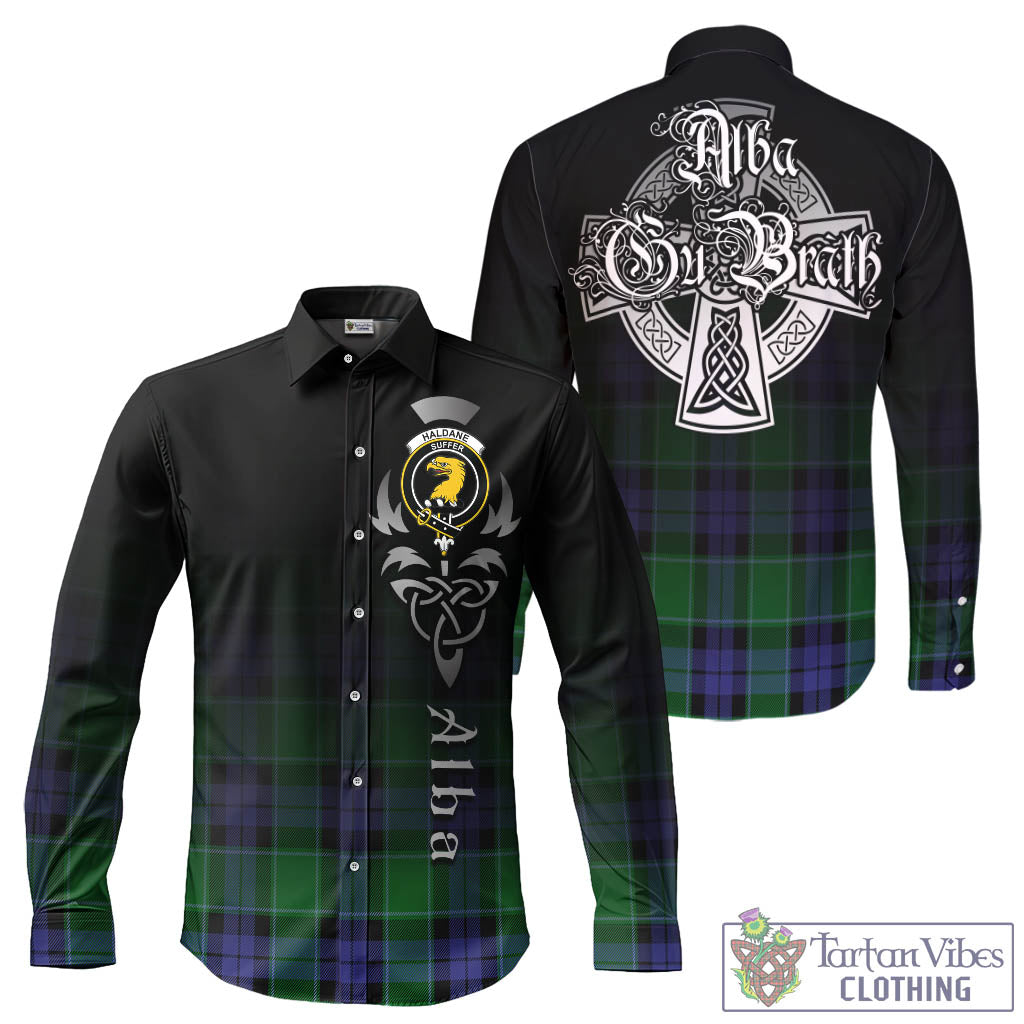 Haldane Tartan Long Sleeve Button Up Featuring Alba Gu Brath Family Crest Celtic Inspired - Tartan Vibes Clothing