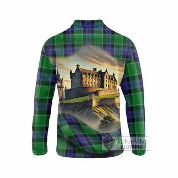 Haldane Tartan Family Crest Long Sleeve Polo Shirt with Scottish Ancient Castle Style - Tartan Vibes Clothing