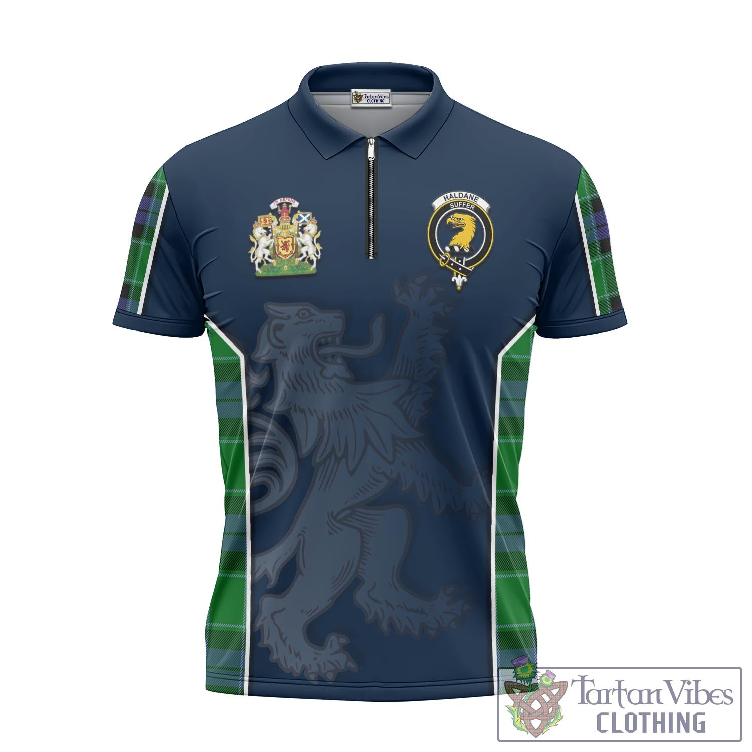Tartan Vibes Clothing Haldane Tartan Zipper Polo Shirt with Family Crest and Lion Rampant Vibes Sport Style