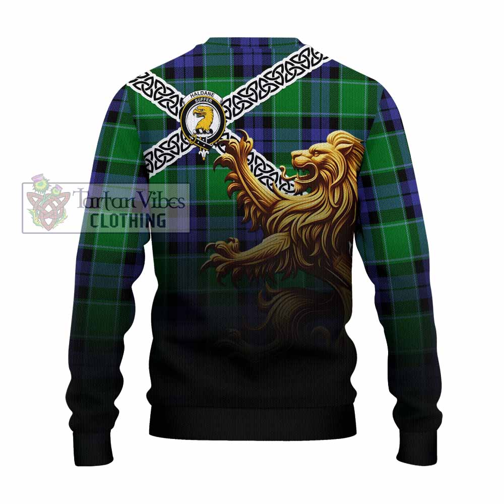 Haldane Crest Tartan Knitted Sweater with Golden Lion Emblem Celtic Style - Tartan Vibes Clothing
