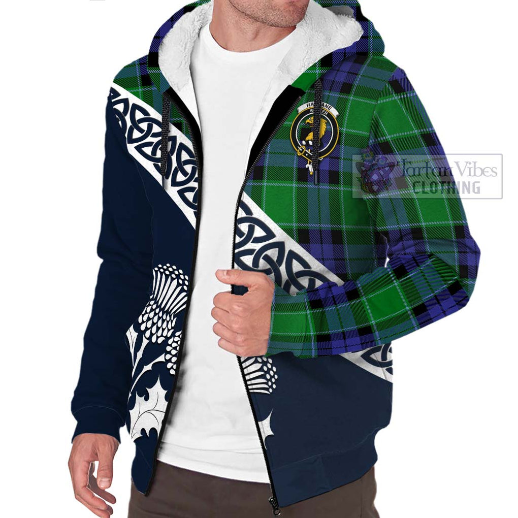 Haldane Tartan Sherpa Hoodie Featuring Thistle and Scotland Map - Tartan Vibes Clothing