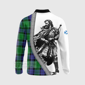 Haldane Tartan Clan Crest Long Sleeve Polo Shirt with Highlander Warrior Celtic Style - Tartan Vibes Clothing