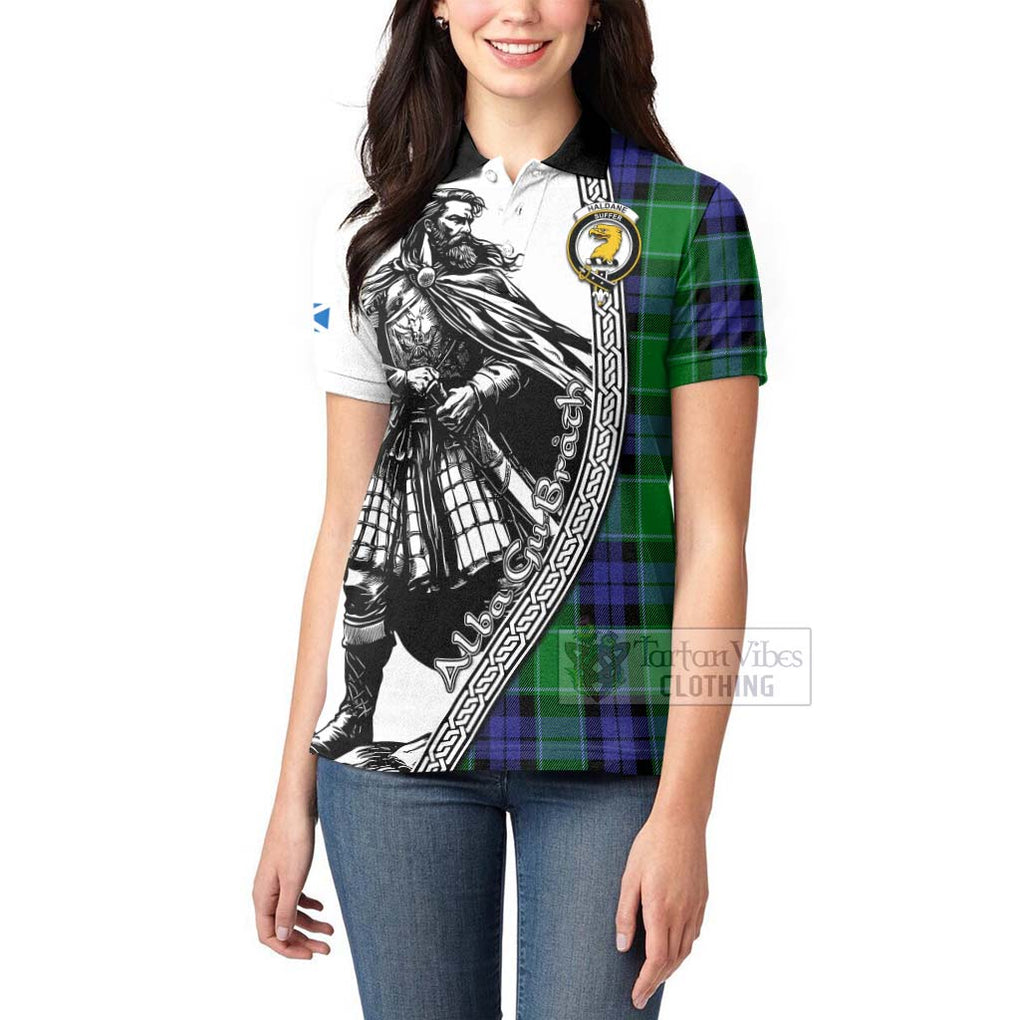 Haldane Tartan Clan Crest Women's Polo Shirt with Highlander Warrior Celtic Style - Tartan Vibes Clothing