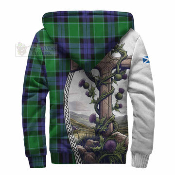 Haldane Tartan Sherpa Hoodie with Family Crest and St. Andrew's Cross Accented by Thistle Vines - Tartan Vibes Clothing