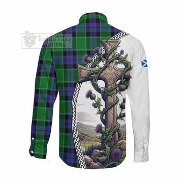 Haldane Tartan Long Sleeve Button Shirt with Family Crest and St. Andrew's Cross Accented by Thistle Vines Men's Shirt - Tartan Vibes Clothing