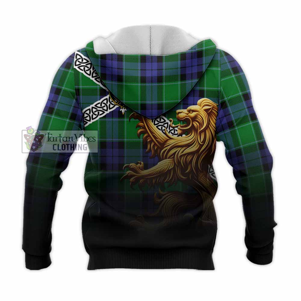 Haldane Crest Tartan Knitted Hoodie with Golden Lion Emblem Celtic Style - Tartan Vibes Clothing