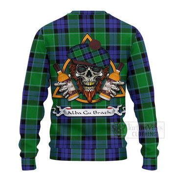 Haldane Tartan Ugly Sweater with Family Crest and Bearded Skull Holding Bottles of Whiskey - Tartan Vibes Clothing