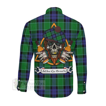Haldane Tartan Long Sleeve Button Shirt with Family Crest and Bearded Skull Holding Bottles of Whiskey Men's Shirt - Tartan Vibes Clothing