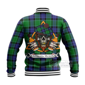 Haldane Tartan Baseball Jacket with Family Crest and Bearded Skull Holding Bottles of Whiskey - Tartan Vibes Clothing