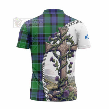 Haldane Tartan Zipper Polo Shirt with Family Crest and St. Andrew's Cross Accented by Thistle Vines - Tartan Vibes Clothing