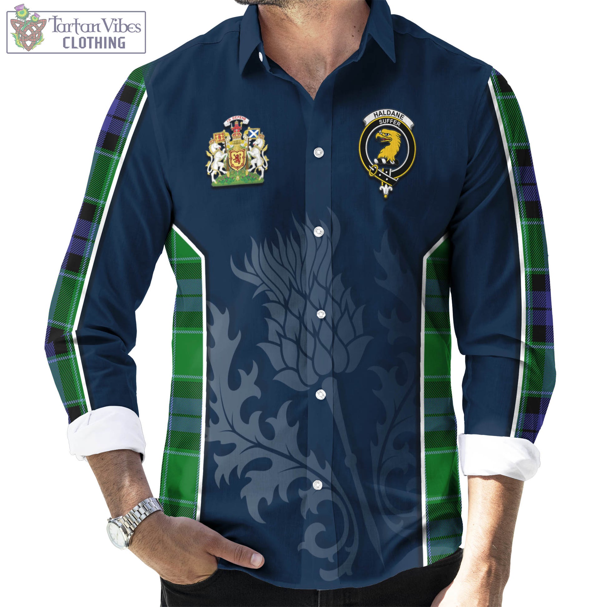 Tartan Vibes Clothing Haldane Tartan Long Sleeve Button Up Shirt with Family Crest and Scottish Thistle Vibes Sport Style