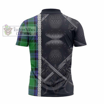 Tartan Vibes Clothing Haldane Tartan Zipper Polo Shirt with Family Crest Cross Sword Thistle Celtic Vibes