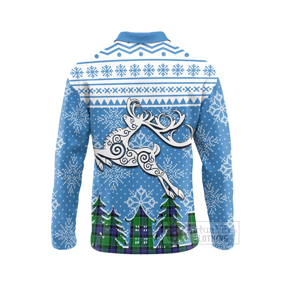 Haldane Clan Christmas Long Sleeve Polo Shirt Celtic Reindeer Style - Tartan Vibes Clothing