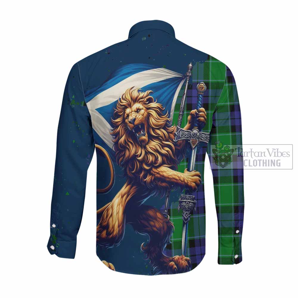 Haldane Tartan Family Crest Long Sleeve Button Shirt with Scottish Majestic Lion Men's Shirt - Tartan Vibes Clothing