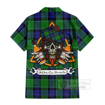 Haldane Tartan Hawaiian Shirt with Family Crest and Bearded Skull Holding Bottles of Whiskey - Tartan Vibes Clothing