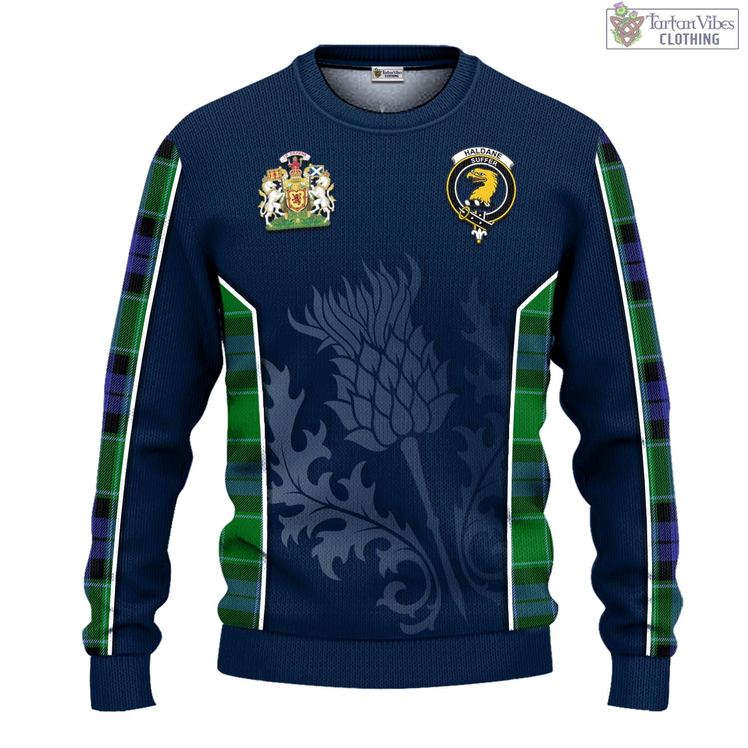 Haldane Tartan Knitted Sweatshirt with Family Crest and Scottish Thistle Vibes Sport Style - Tartan Vibes Clothing