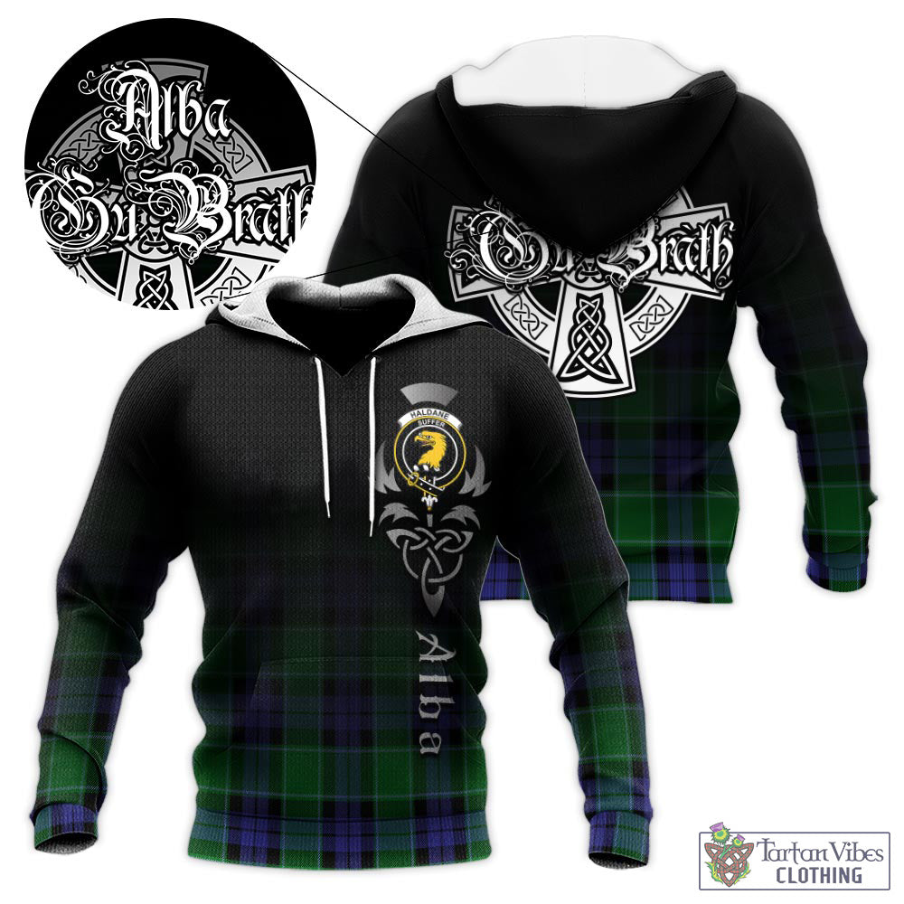 Haldane Tartan Knitted Hoodie Featuring Alba Gu Brath Family Crest Celtic Inspired - Tartan Vibes Clothing