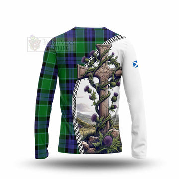 Haldane Tartan Long Sleeve T-Shirt with Family Crest and St. Andrew's Cross Accented by Thistle Vines - Tartan Vibes Clothing