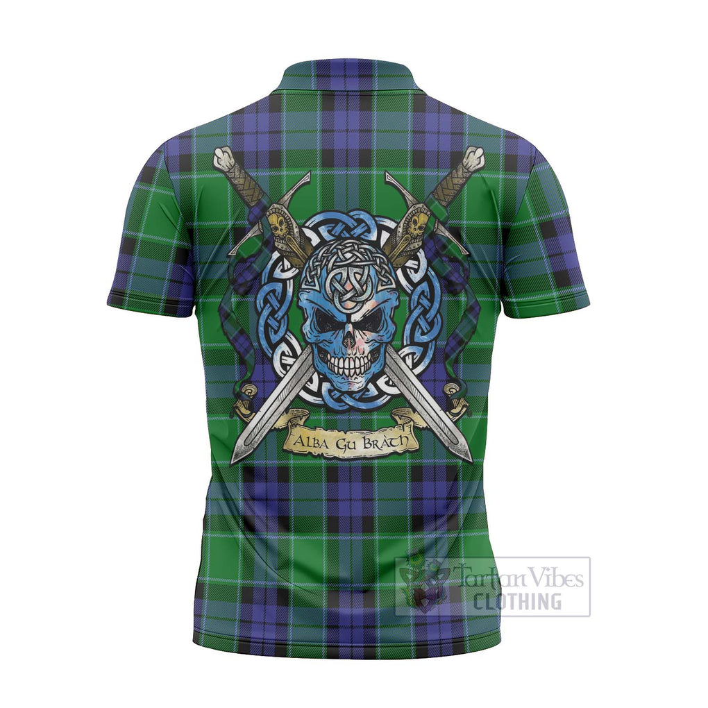 Haldane Tartan Zipper Polo Shirt with Family Crest Celtic Skull Style - Tartan Vibes Clothing