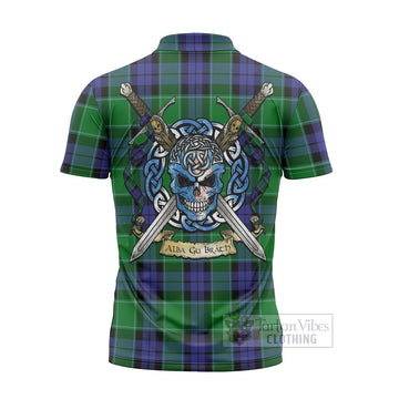 Haldane Tartan Zipper Polo Shirt with Family Crest Celtic Skull Style - Tartan Vibes Clothing