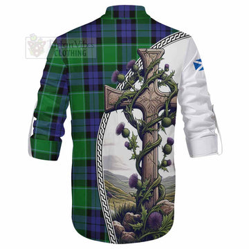 Haldane Tartan Ghillie Kilt Shirt with Family Crest and St. Andrew's Cross Accented by Thistle Vines - Tartan Vibes Clothing