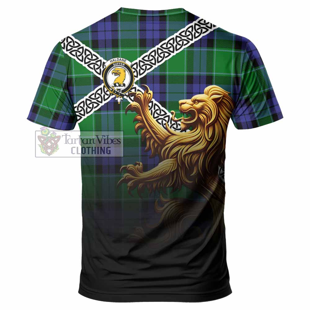 Haldane Crest Tartan T-Shirt with Golden Lion Emblem Celtic Style - Tartan Vibes Clothing