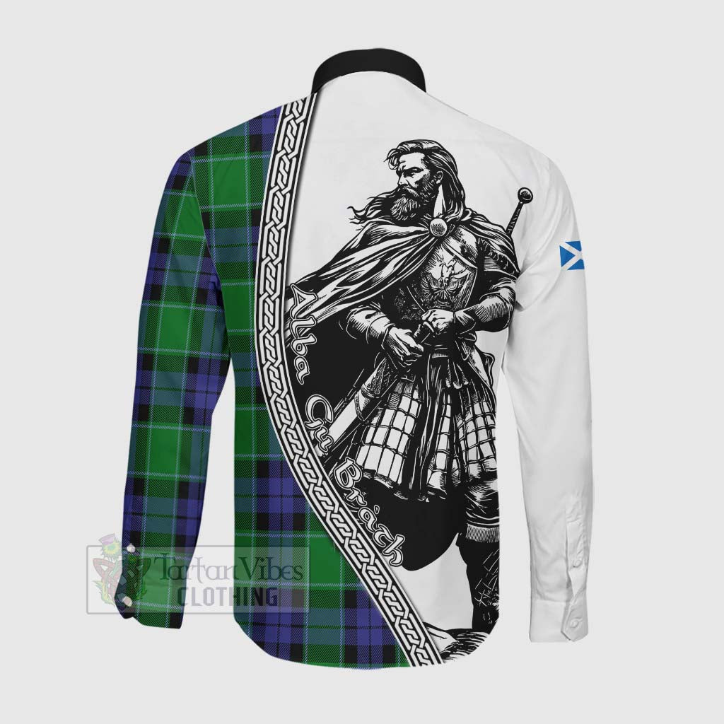 Haldane Tartan Clan Crest Long Sleeve Button Shirt with Highlander Warrior Celtic Style Men's Shirt - Tartan Vibes Clothing