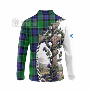 Haldane Tartan Long Sleeve Polo Shirt with Family Crest and St. Andrew's Cross Accented by Thistle Vines - Tartan Vibes Clothing