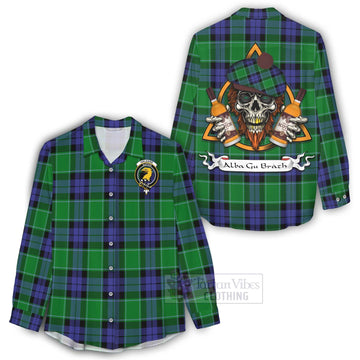 Haldane Tartan Women's Casual Shirt with Family Crest and Bearded Skull Holding Bottles of Whiskey - Tartan Vibes Clothing