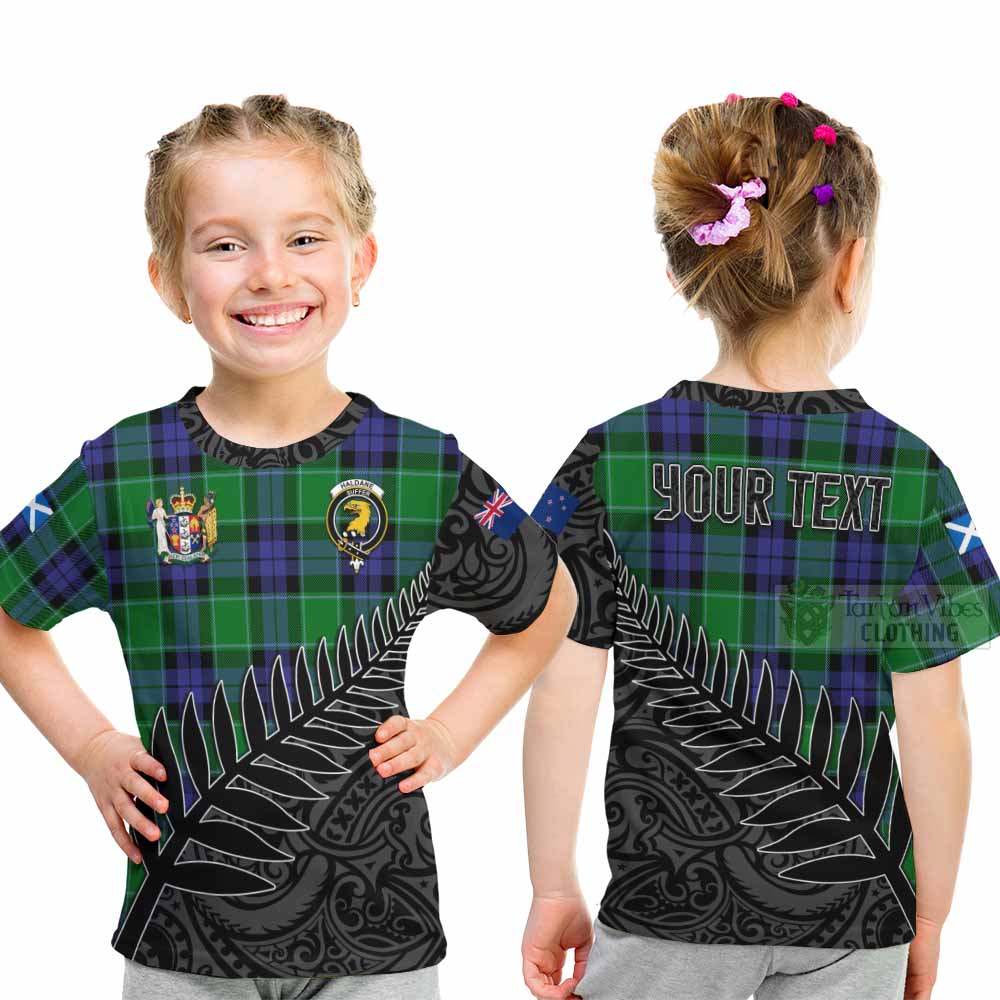 Tartan Vibes Clothing Haldane Crest Tartan Kid T-Shirt with New Zealand Silver Fern Half Style