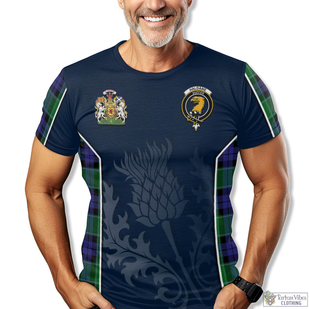 Tartan Vibes Clothing Haldane Tartan T-Shirt with Family Crest and Scottish Thistle Vibes Sport Style