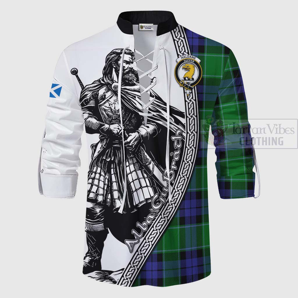 Haldane Tartan Clan Crest Ghillie Kilt Shirt with Highlander Warrior Celtic Style - Tartan Vibes Clothing