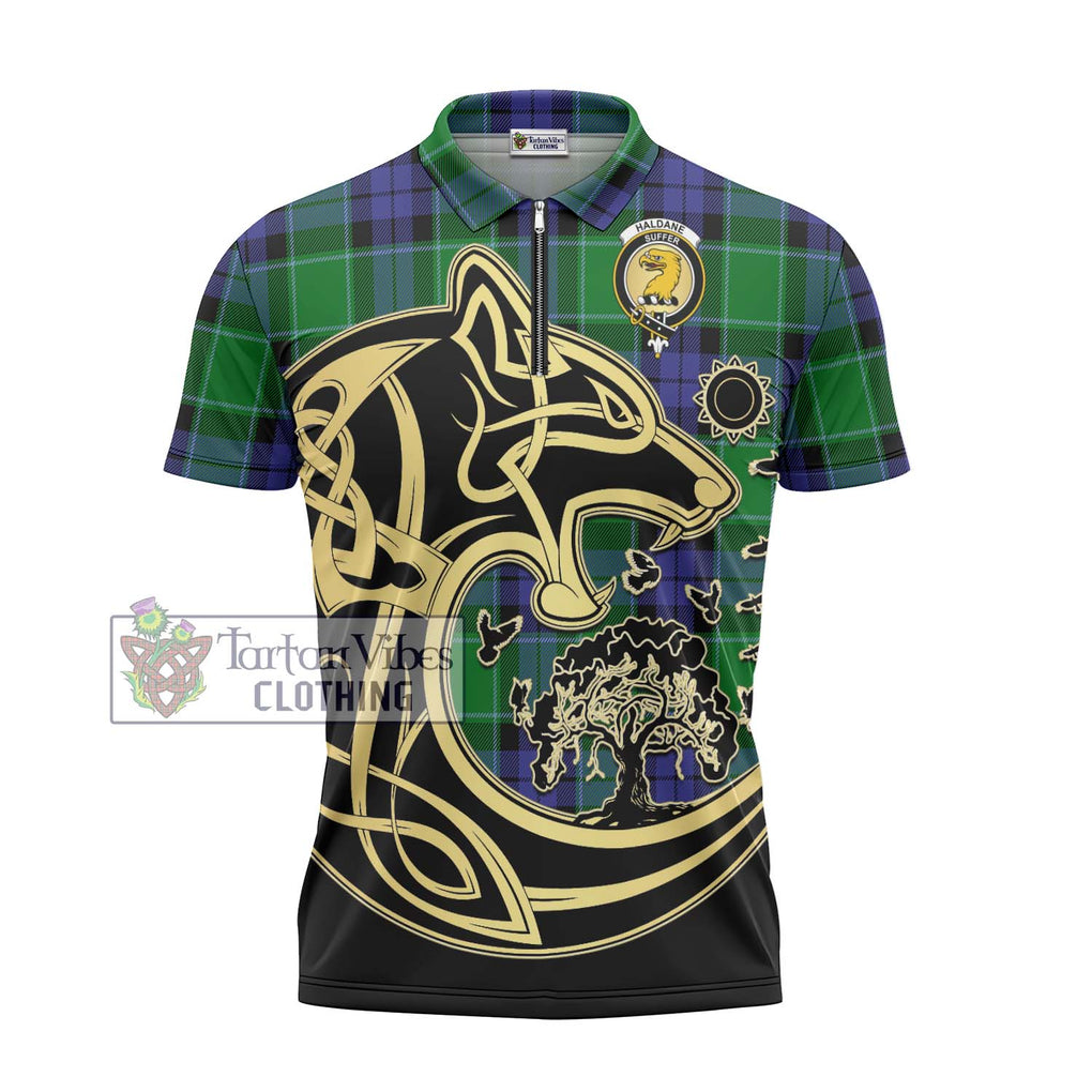 Haldane Tartan Zipper Polo Shirt with Family Crest Celtic Wolf Style - Tartanvibesclothing Shop