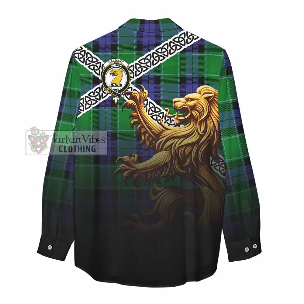 Haldane Crest Tartan Women's Casual Shirt with Golden Lion Emblem Celtic Style - Tartan Vibes Clothing
