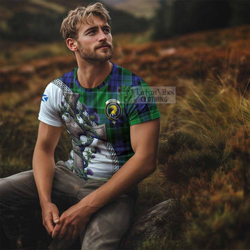 Haldane Tartan T-Shirt with Family Crest and St. Andrew's Cross Accented by Thistle Vines - Tartan Vibes Clothing