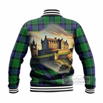 Haldane Tartan Family Crest Baseball Jacket with Scottish Ancient Castle Style - Tartan Vibes Clothing