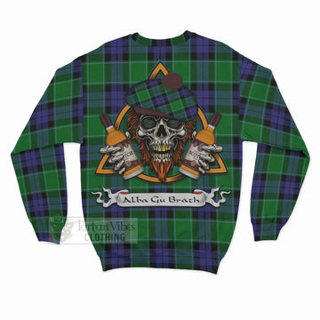 Haldane Tartan Sweatshirt with Family Crest and Bearded Skull Holding Bottles of Whiskey - Tartan Vibes Clothing