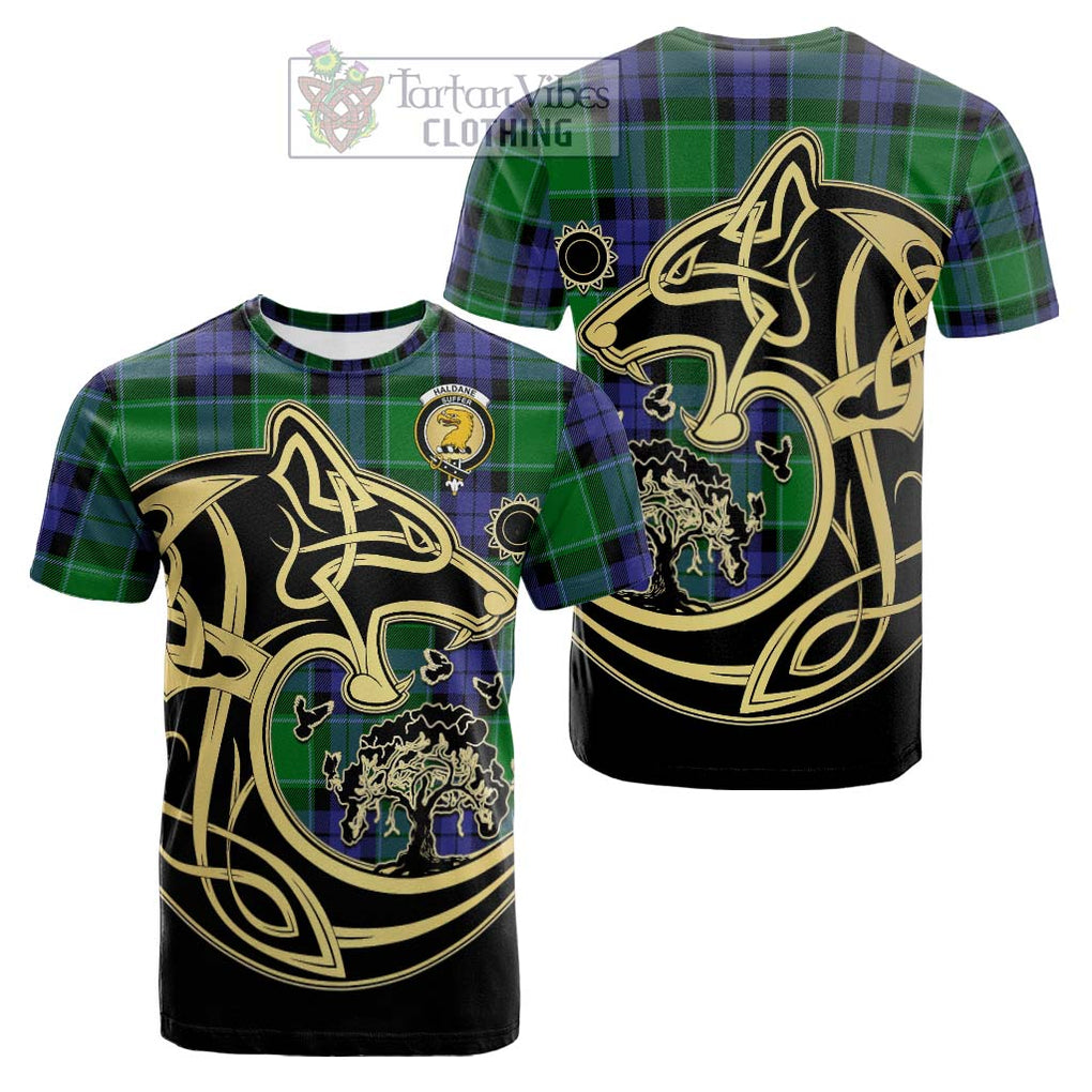 Haldane Tartan Cotton T-shirt with Family Crest Celtic Wolf Style Kid's Shirt - Tartan Vibes Clothing