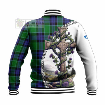Haldane Tartan Baseball Jacket with Family Crest and St. Andrew's Cross Accented by Thistle Vines - Tartan Vibes Clothing